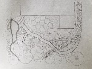 A grey and white design of a landscaping sketch to show a client the company's services.