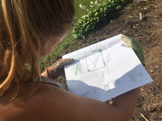 Looking over a woman's shoulder reading a landscape design to begin installation services.