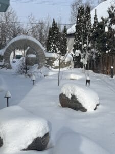 A heavy snow highlights the large rustic boulders, deciduous tree trunks and dramatic moon gate in a small and serene woodland garden in the Kenwood Avenue neighborhood of Minneapolis.