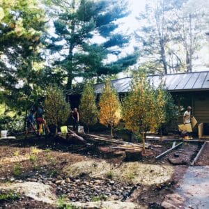 Four members of the the Light Dark landscape installation crew dig holes to plant 8' tall birch trees creating a dramatic birch grove in the water reclamation garden.